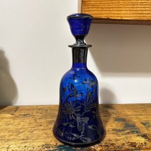 Cobalt Blue Bell Shaped Glass Decanter with Silver Overlay